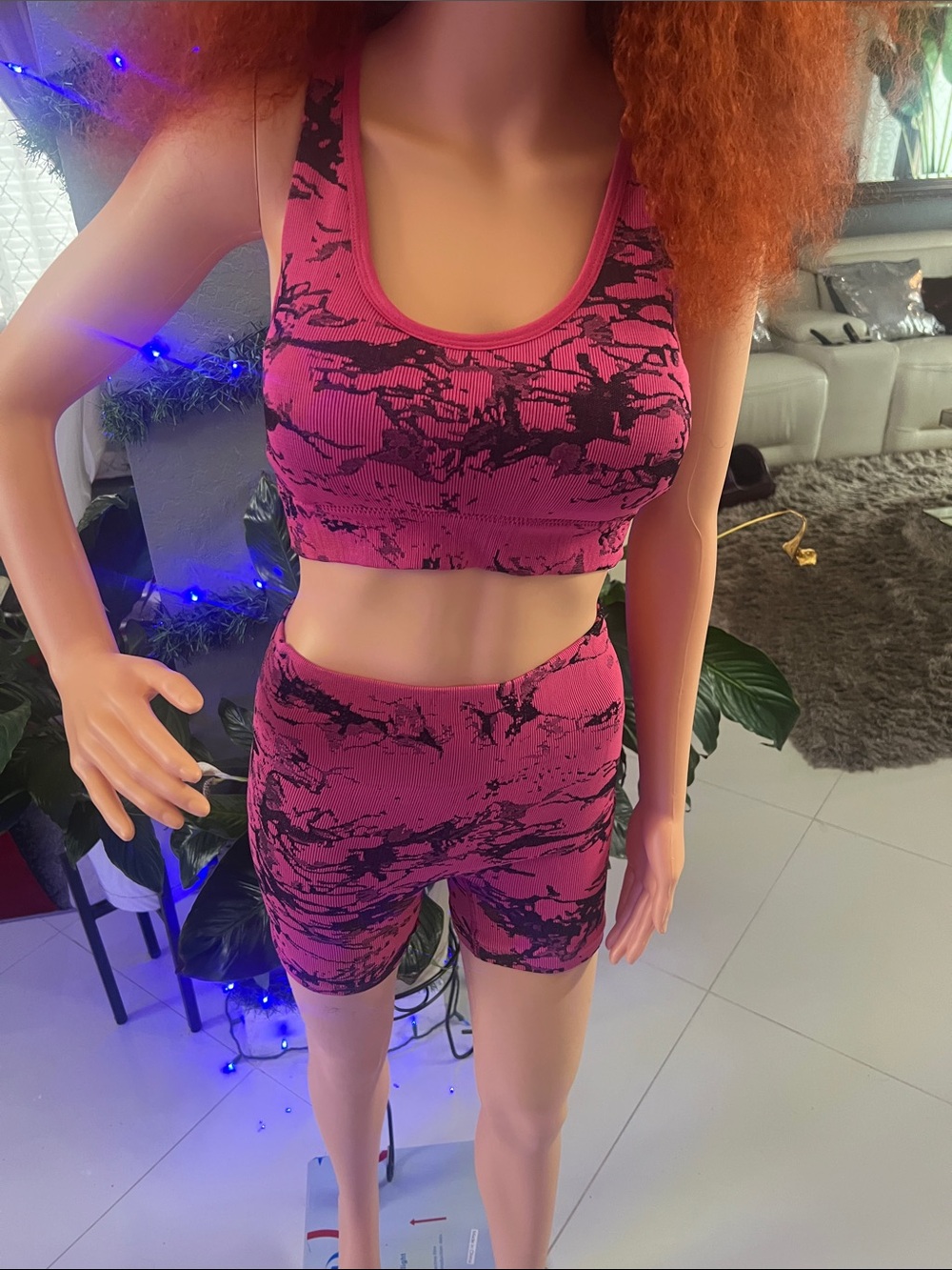 Seamless Pink Marble Sports Bra & Biker Short Set - Women Intimates